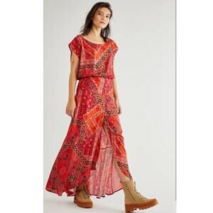 New Free People Blakely Boho Maxi Dress $148 SMALL Red Exaggerated Front Slit